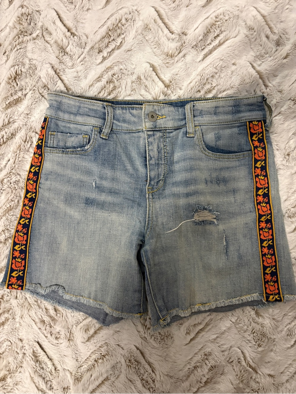 Pilcro Light Wash Denim Shorts with Orange Floral Side Trim